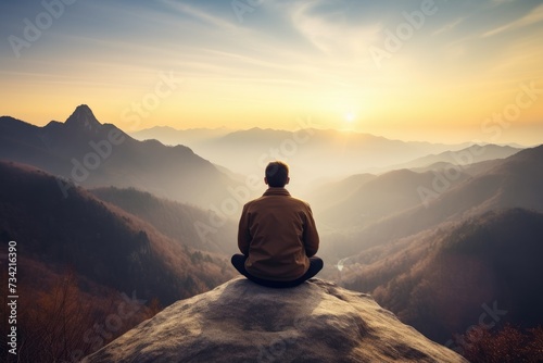 Meditation landscape and man sitting on a mountain top for mindfulness and spirituality. Peaceful, stress free and focus in nature with view, for mental health, Ai generated photo