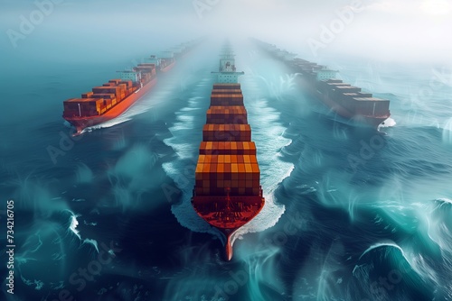 Leading Cargo Ship Forging Ahead Through Misty Ocean Waters