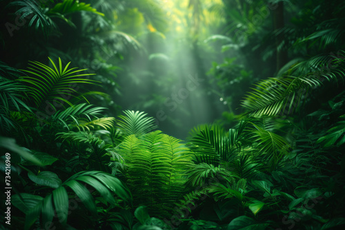 Majestic lush green forest filled with abundant leaves nature wallpaper background © Spicy World