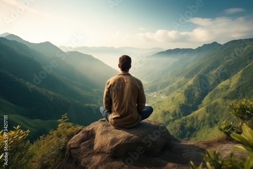 Meditation landscape and man sitting on a mountain top for mindfulness and spirituality. Peaceful  stress free and focus in nature with view  for mental health  Ai generated