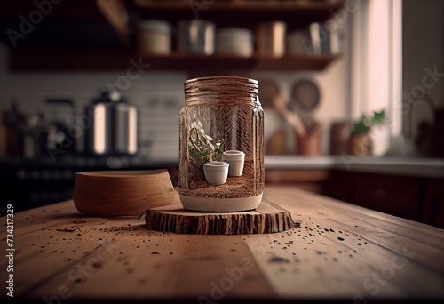 3d Rendering Küche weiß mit Holz mit Steinboden. Generative AI photo