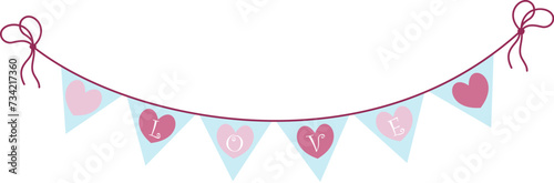Valentines Day Festive garland of flags with hearts. wedding and valentines day concept. Simple Hand Drawn. Retro flat style.