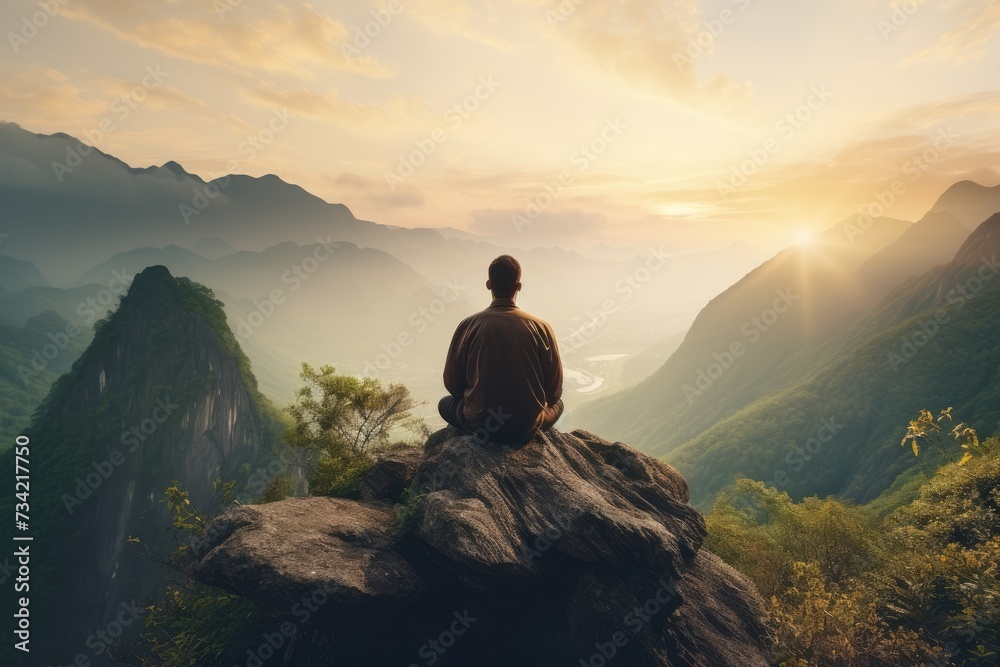 Meditation landscape and man sitting on a mountain top for mindfulness and spirituality. Peaceful, stress free and focus in nature with view, for mental health, Ai generated