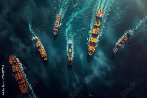 Cargo Vessels in Formation, Nautical Trade Routes from Above