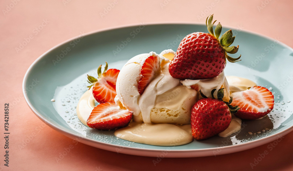 Scoop of vanilla ice cream with fresh strawberries and a dollop of whipped cream next to caramel sauce on light blue ceramic plate on pastel pink background. Scoop of vanilla ice cream with fresh strawberries and a dollop of whipped cream next to caramel sauce on light blue ceramic plate on pastel pink background.