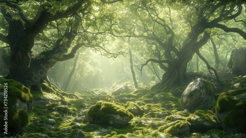  a lush green forest filled with lots of trees and moss growing on the rocks and the rocks are covered in lots of bright green moss growing on a sunny day.