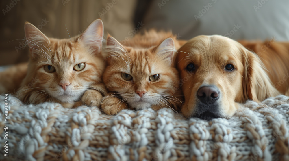 A British shorthair cat and a golden retriever lounge on a carpet, staring at the camera.