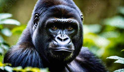 Piercing eyes of a mountain gorilla emerge from the darkness creating a captivating and intense portrait © EliteLensCraft