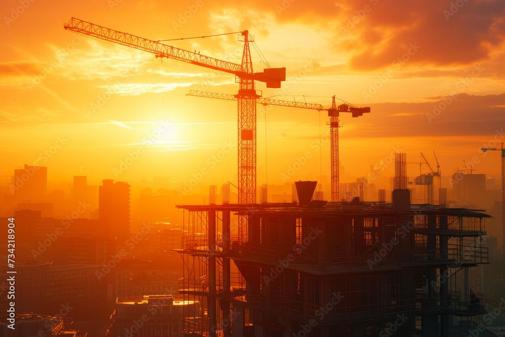 Sunset Cityscape: Crane and Building Site Progress