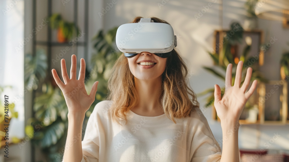 Young smiling woman using Virtual reality glasses at home, Virtual Reality headset indoor.