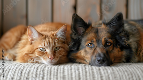 Cat and dog sleep together Kittens and puppies napping House pets. Animal care  love and friendship  pets.