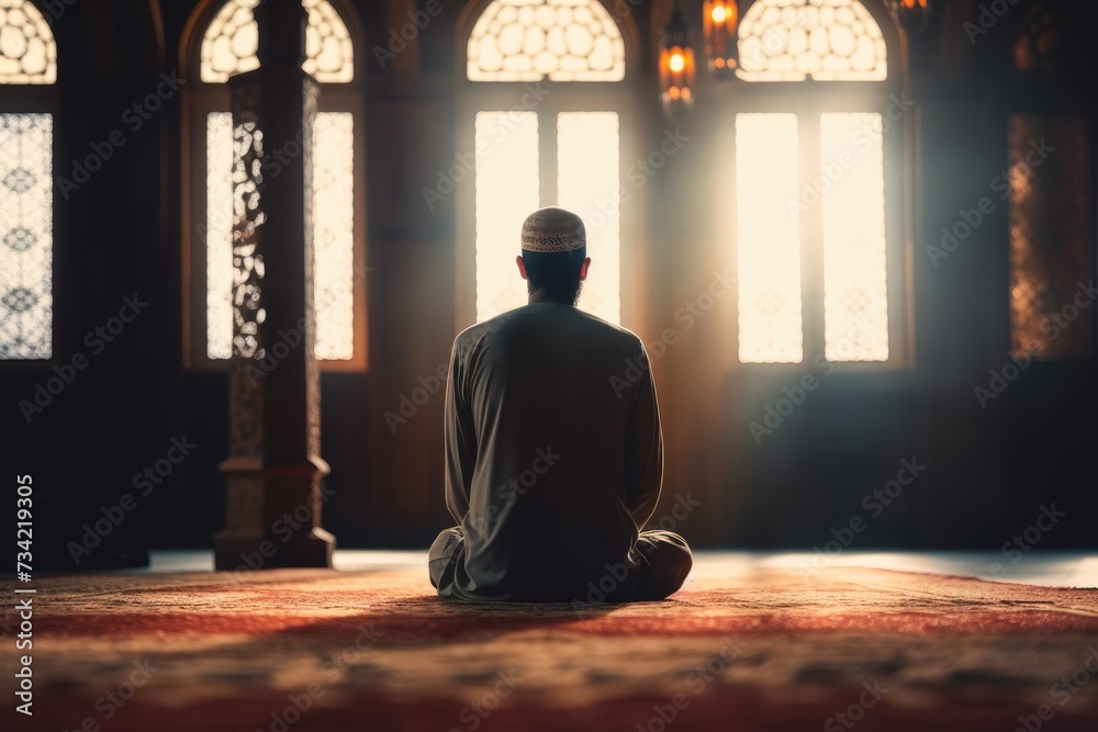 Prayer Islam and worship with men in the mosque for Allah ,Religious Muslim man praying inside the mosque, Ai generated Prayer Islam and worship with men in the mosque for Allah ,Religious Muslim man praying inside the mosque, Ai generated