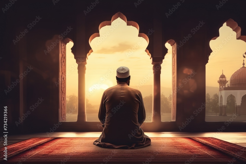 Prayer Islam and worship with men in the mosque for Allah ,Religious Muslim man praying inside the mosque, Ai generated Prayer Islam and worship with men in the mosque for Allah ,Religious Muslim man praying inside the mosque, Ai generated