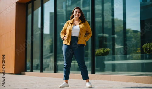 Full body shot of cheerful curvy female in top jacket and pants smiling on paved street behind modern glass building on sunny day