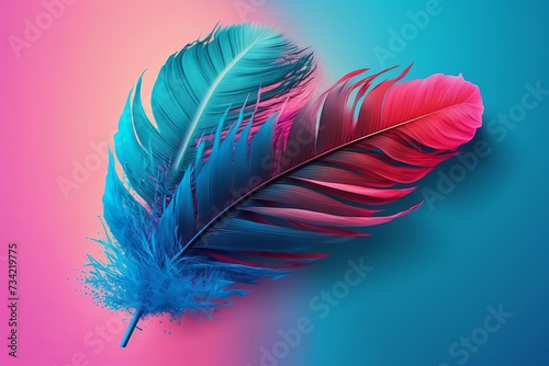 a colorful feather on a blue and pink Generative by AI
