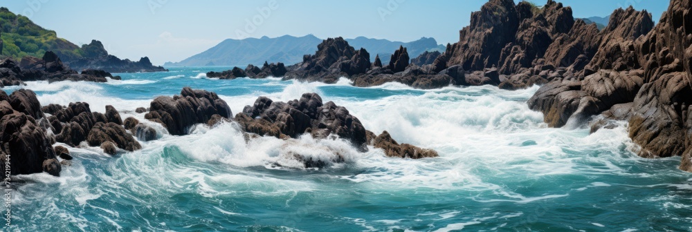 A large body of water with rocks scattered around its perimeter, creating a captivating scene. A large body of water with rocks scattered around its perimeter, creating a captivating scene.