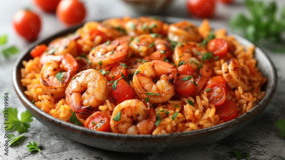 a close up of a bowl of rice with shrimp and tomatoes on a table with tomatoes and parsley on the side of the bowl and a bowl of tomatoes in the background. a close up of a bowl of rice with shrimp and tomatoes on a table with tomatoes and parsley on the side of the bowl and a bowl of tomatoes in the background.