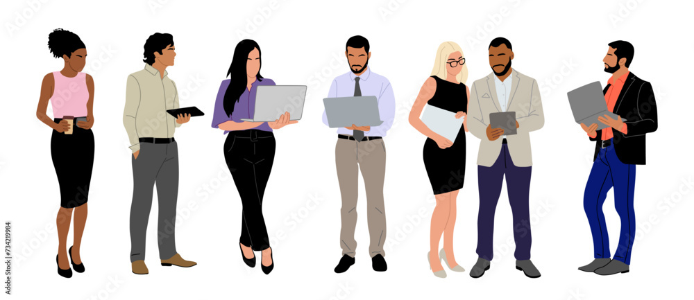 Set of Business people working at laptop, digital tablet. Different men and women in smart casual, formal office outfits standing with gadgets. Vector illustration isolated on white background.