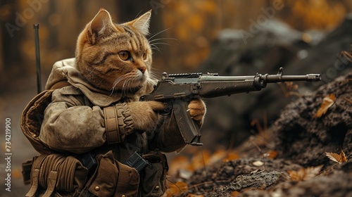 A military cat in a military uniform with an automatic rifle