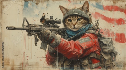 A military cat in a military uniform with an automatic rifle © Vasiliy