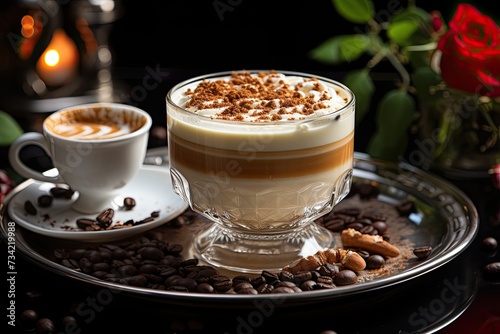 Creamy cappuccino in porcelain cup with decorative foam., generative IA