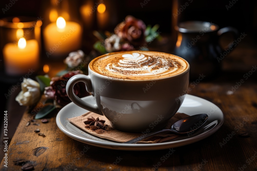 Cappuccino steaming with cinnamon, rustic cup., generative IA Cappuccino steaming with cinnamon, rustic cup., generative IA