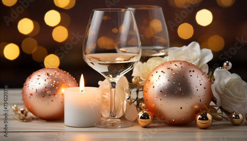 Celebration table candlelight, wine, champagne, decoration, glowing, gift, fire generated by AI