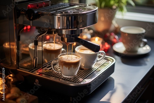 Express coffee machine preparing a steaming cup.  generative IA