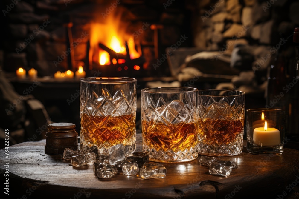 Whiskey in crystal glass in a cozy atmosphere., generative IA Whiskey in crystal glass in a cozy atmosphere., generative IA