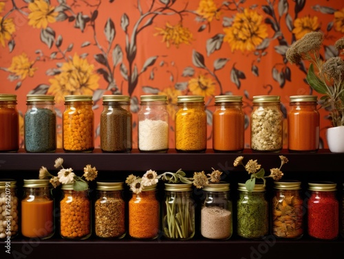 A shelf with jars of spices and herbs. Generative AI.