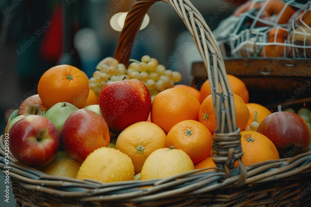 a basket full of fruits including apples and oranges