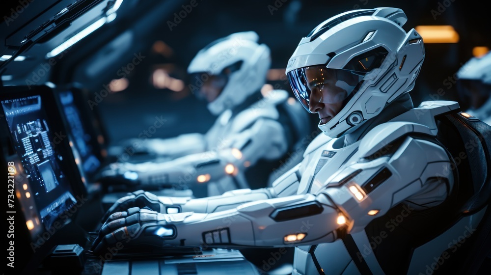 Fototapeta premium Team of astronauts in a space suits aboard the orbital station. A crew of cosmonauts piloting the spaceship. People in space. Galactic travel and science concept.