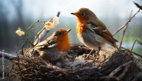 Cute young bird perching on branch in the springtime generated by AI