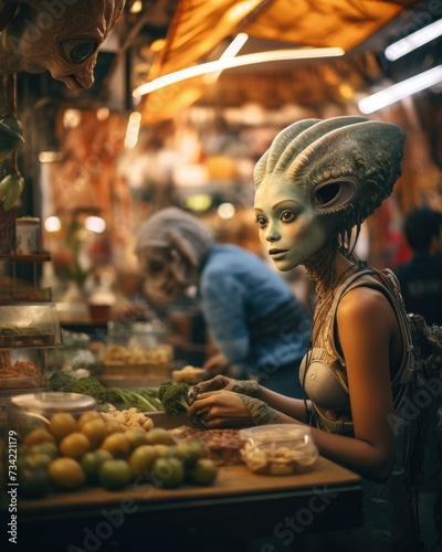A woman in an alien mask is sitting at a table with fruit. Generative AI. © serg3d