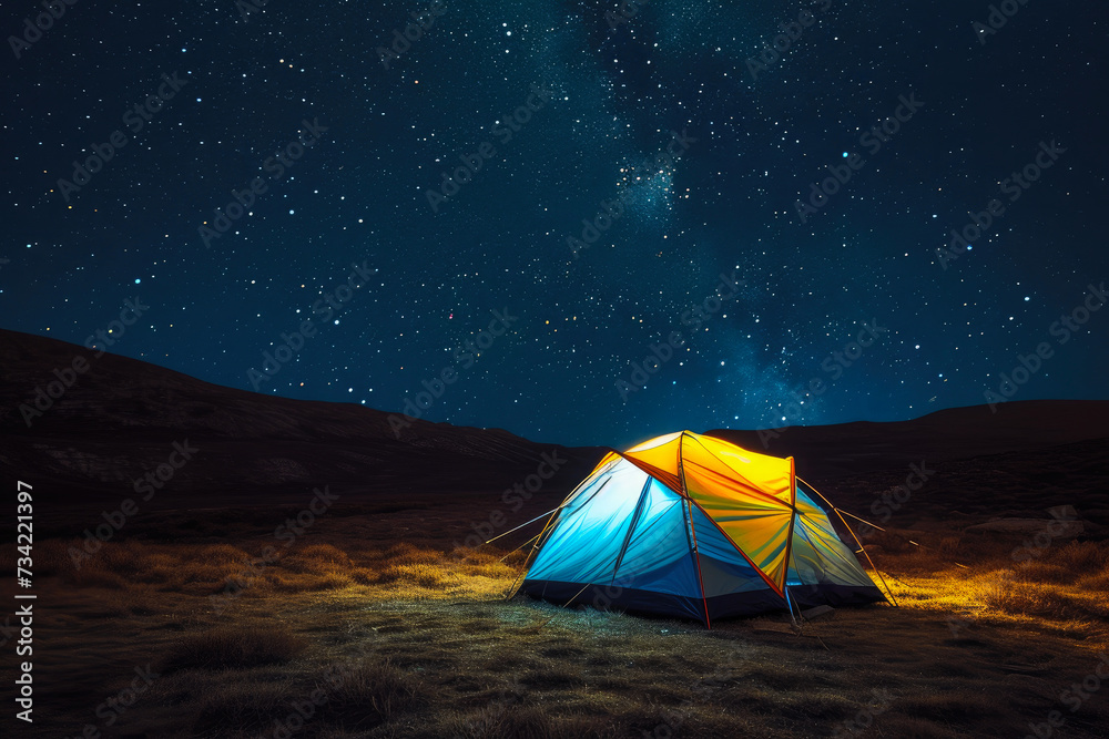 Starry Night Retreat: Glowing Tent in the Wilderness