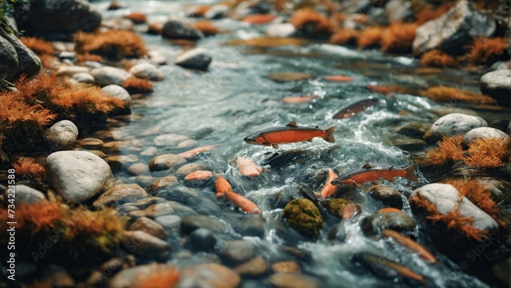 A group of salmon are swimming upstream in the clear river with a stones and water plants