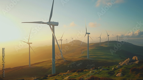 Wind generators spinning in morning foggy mountain rural area with beautiful sunset time background. Green or clean energy industrial concept.