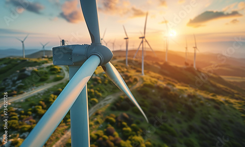 Close-up photo of Wind generators spinning in morning foggy mountain rural area with beautiful sunset time background. Green or clean energy industrial concept. photo