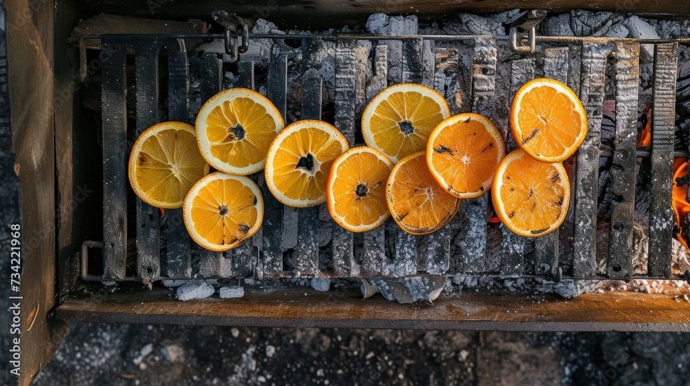  a grill filled with lots of oranges on top of a metal grate next to a pile of burnt wood and a fire pit with a bunch of burnt oranges on top. - obrazy, fototapety, plakaty 