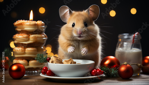 Cute mammal enjoys sweet food on decorated table at night generated by AI