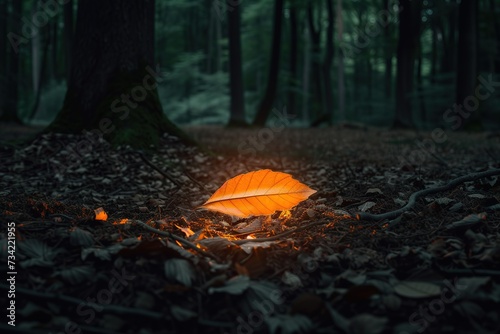 an orange leaf is sitting on the ground in the forest