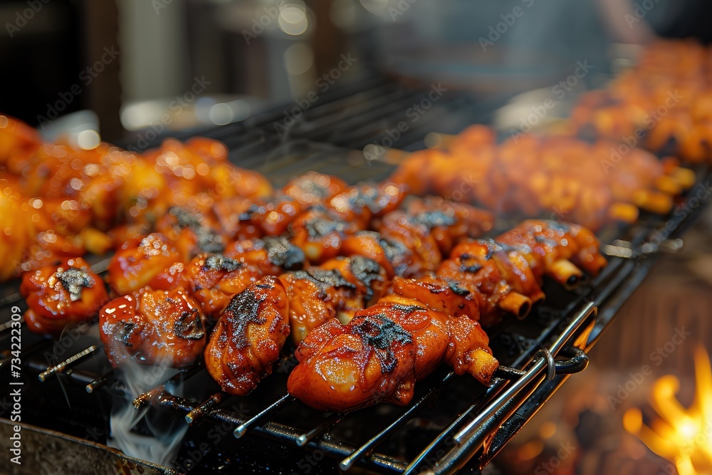 chicken BBQ and Asian food collection, a close-up of a grill with chicken and other food on it