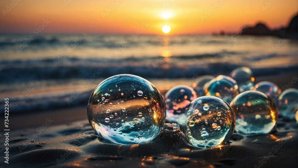 Abstract beautiful transparent soap bubbles floating on sunset background Abstract beautiful transparent soap bubbles floating on sunset background on beach