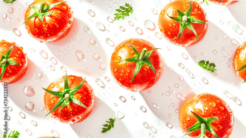Red fresh ripe tomatoes on white background with water drops. Vegetable backdrop with natural farm pea tomatoes. Concept of healthy food, vegan or vegetarian diet, organic vegetables and harvest