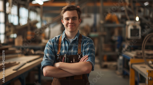 A young man with crossed arms wearing a checkered shirt and a leather tool belt stands confidently in a carpentry workshop.