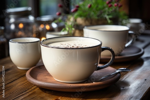 Almond milk in cup over wood., generative IA