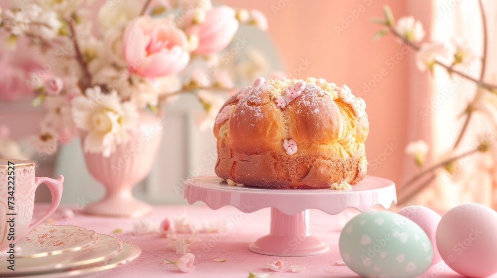 a bundt cake sitting on top of a pink cake stand next to a cup of coffee and a vase with pink flowers and pink and white flowers in the background. a bundt cake sitting on top of a pink cake stand next to a cup of coffee and a vase with pink flowers and pink and white flowers in the background.