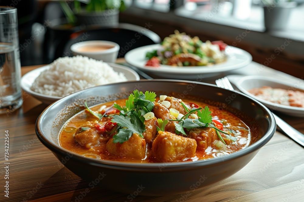 delicious red curry in the background on a wooden table delicious red curry in the background on a wooden table