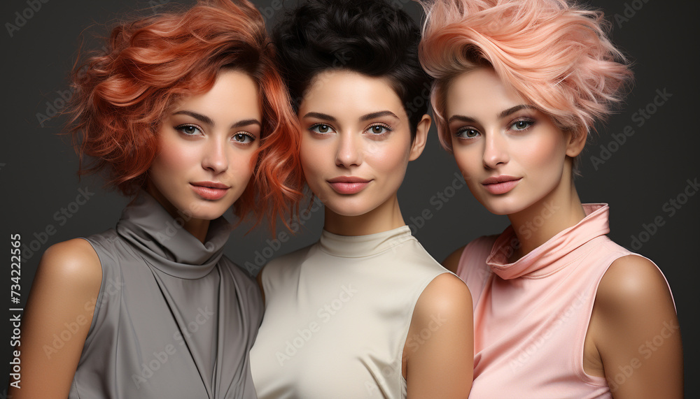 Beautiful women in fashionable clothing, smiling and looking at camera generated by AI Beautiful women in fashionable clothing, smiling and looking at camera generated by AI