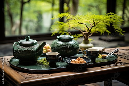 Japanese tea table in Zen Garden., generative IA